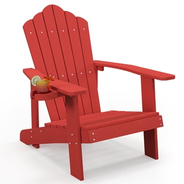 Gymax Patio HIPS Outdoor Weather Resistant Slatted Chair Adirondack Chair w/ Cup Holder Red