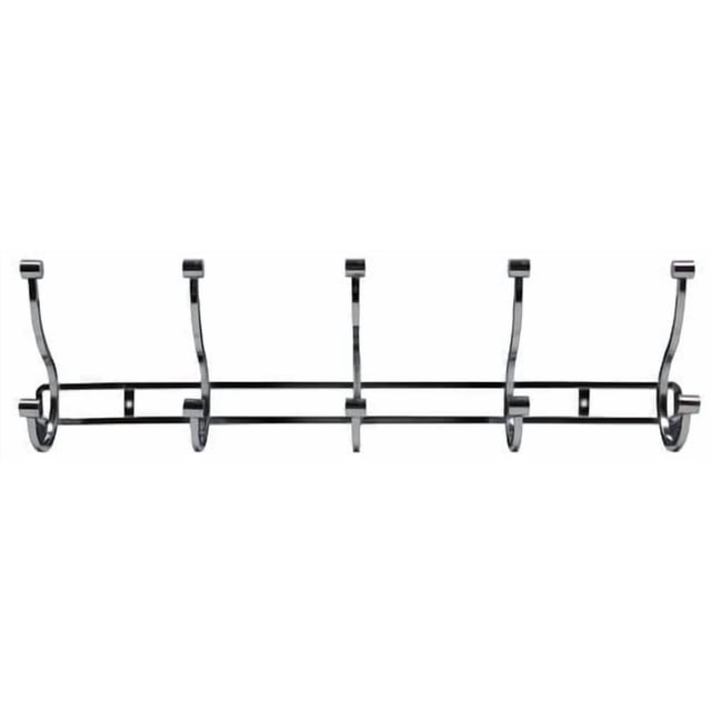 era Newbury Universal Hooks Chrome with five double hooks on a polished chrome horizontal bar, designed for over-the-door or wall mounting to organize coats, hats, scarves, bathrobes, and ties in closets or entryways.