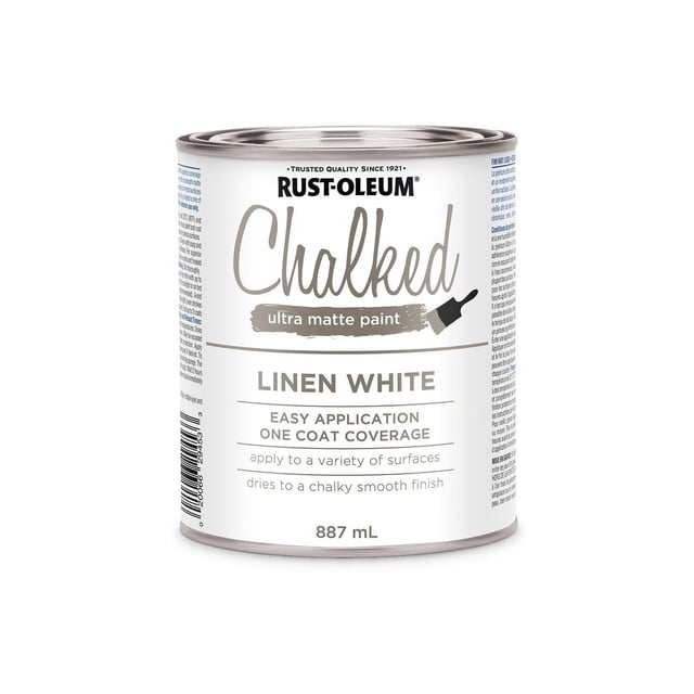 Rust-Oleum Specialty Linen White Chalked Ultra Matte Paint can, 887 mL, with white label displaying product name and features such as ultra matte finish, superior adhesion, easy application, and one coat coverage, suitable for interior paint and home décor projects.