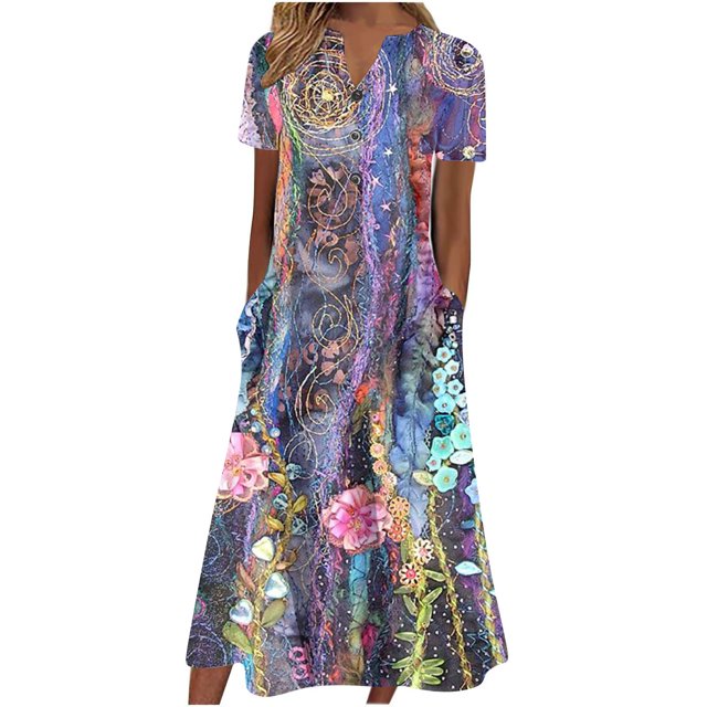 Cameland Robe d'Été pour Femme Décontractée à Col en V avec Boutons, Manches Courtes, Imprimée, Coupe Évasée, avec Poche
