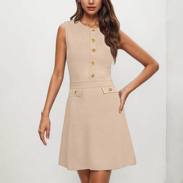 Ovzne Robes pour Femmes Robe de Plage Femmes Couleur Unie Col Rond Sans Manches Décorer Bouton Se Cultiver Robe de Travail Robe de Vacances Liquidation