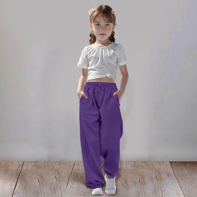 PMVFHDE Kids Pants Medium And Large Children Casual Girls Solid Color Drawstring Sweatpants,Purple,9-10 Years
