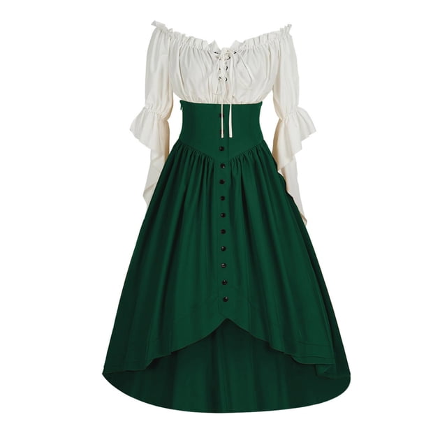 LOVZFMLL Costume Renaissance pour Femmes Robe Victorienne Médiévale Paysanne Manches à Volants Laçage Chemise Asymétrique Robe Maxi Tenue de Fête d'Halloween Cosplay