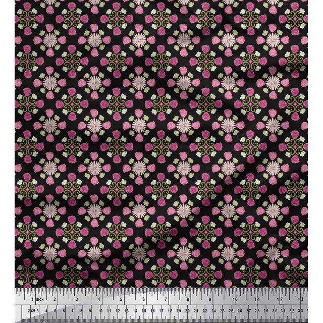 Soimoi Black Cotton Cambric Fabric Aster & Roses Damask Print Sewing Fabric Yard 42 Inch Wide