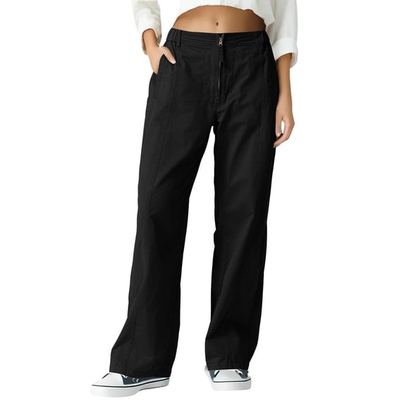 Black Ladies Work Wild Cargo Brunch Button Trousers Pants for Women Faux Silk Straight Leg Plain Long Leg Summer Fall 2025 Clothes Trendy M