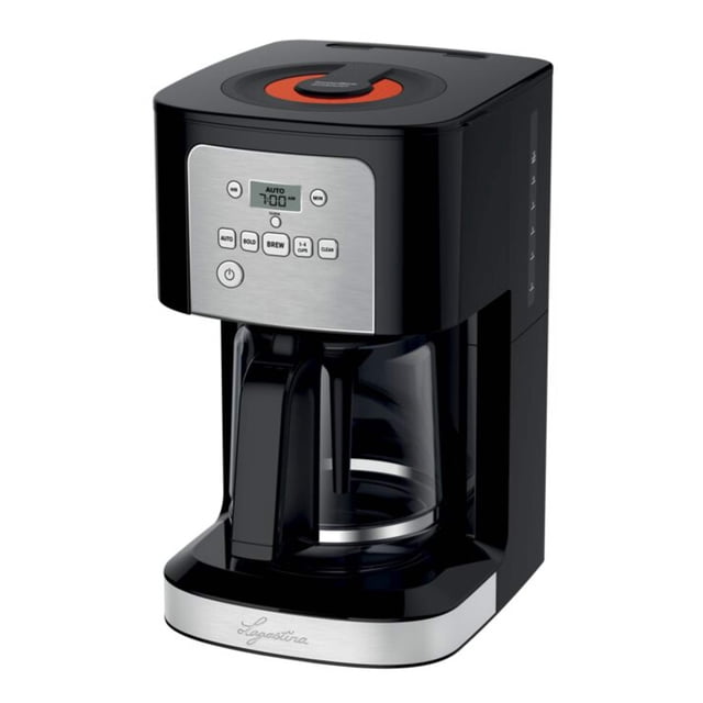 Lagostina 12 Cup Prima Programmable Coffee Maker in black with a sleek design and stainless steel accents. Features include a 12-cup capacity, auto shut-off to keep the plate warm for up to 4 hours, and a brew strength selector for regular, bold, or small batch brewing. The programmable auto-start function allows for convenient morning brewing, and the pause and serve system lets you pour a cup mid-brew. The front-facing control panel includes buttons for brew strength, auto-start, and cleaning.