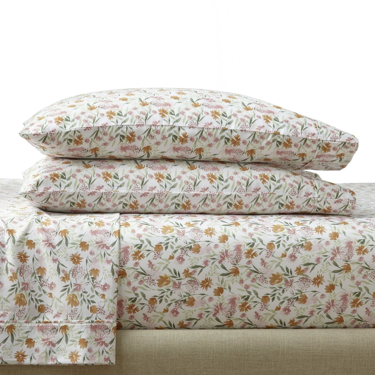 Better Homes & Gardens 300 Thread Count Cotton Sateen Bed Sheet Set, Bashful Blooms Warm, 4-Piece, Queen