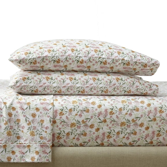 Better Homes & Gardens 300 Thread Count Cotton Sateen Bed Sheet Set, Bashful Blooms Warm, 4-Piece, Queen