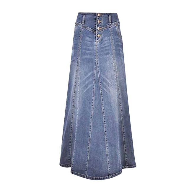 Kcodviy Women's Retro Exposure Button Skirt with Pockets Fly Packaged Hip A Slit Skirt High Waist Line Maxi Long Denim Ruffle Skirt