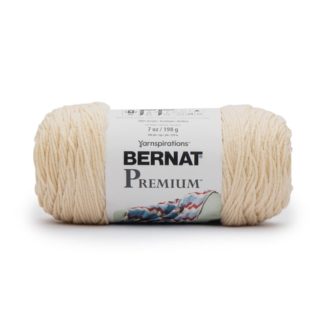 Bernat® PremiumTM Fil, Acrylique #4 Moyen, 7oz/198g, 360 yards, Écheveau de Fil Acrylique Couleur Crème avec Étiquette Blanche Affichant la Marque et les Détails du Produit, Idéal pour des Projets de Tricot et de crochet comme les afghans et les Vêtements, Lavable à la machine pour un Entretien Facile.