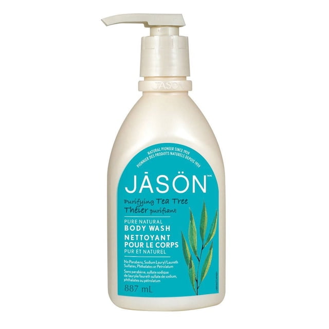 Jason Purifying Tea Tree Pure Natural Body Wash in an 887 mL beige pump bottle with a turquoise label featuring tea tree leaves and bilingual text, formulated without parabens, sulfates, phthalates, or petrolatum, ideal for cleansing and soothing skin during bath or shower.