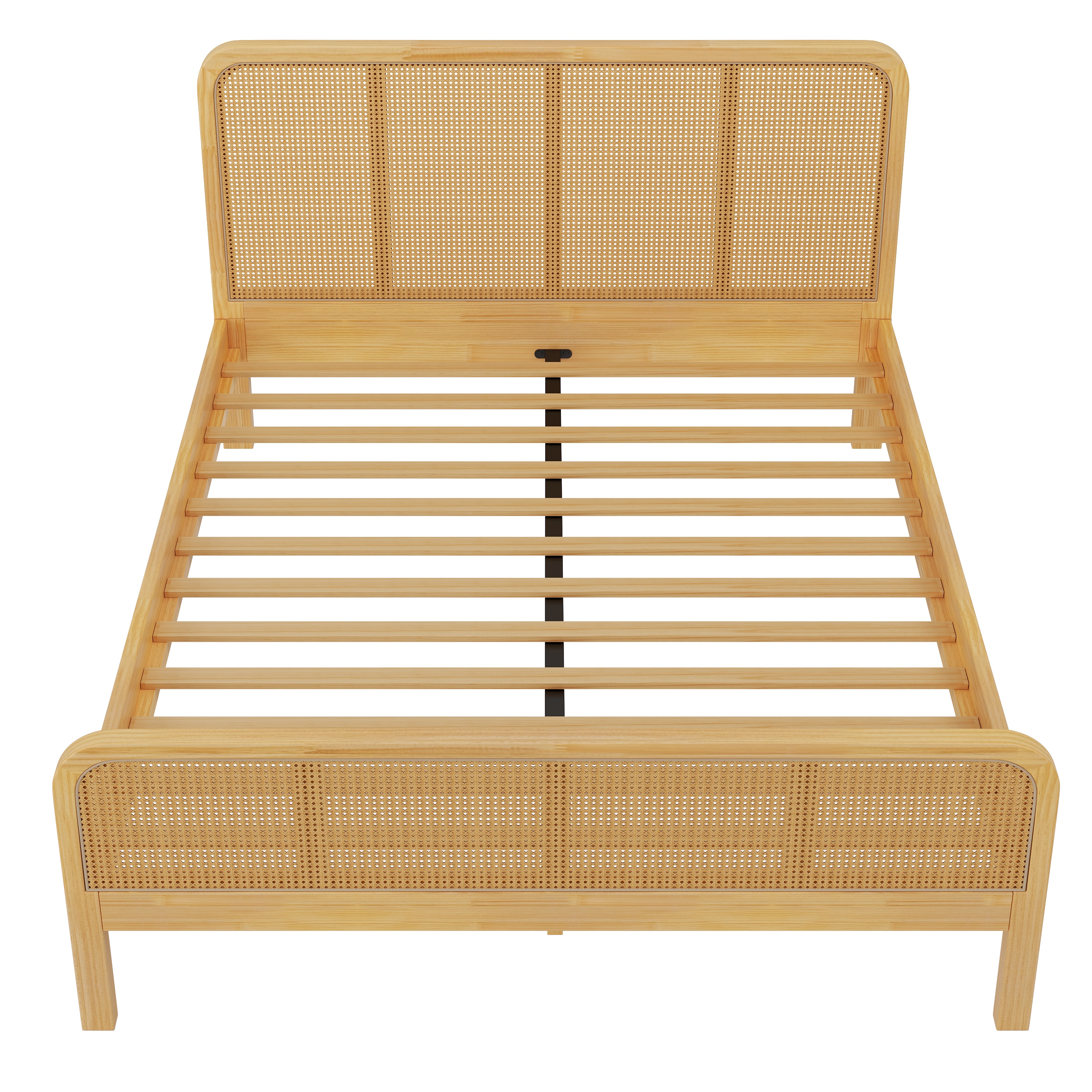 Lit de plateau en rattan moderne Noble House, dossier et pieds en cannelure avec panneaux tissés naturels, cadre de lit à l'âge d'or, noyer