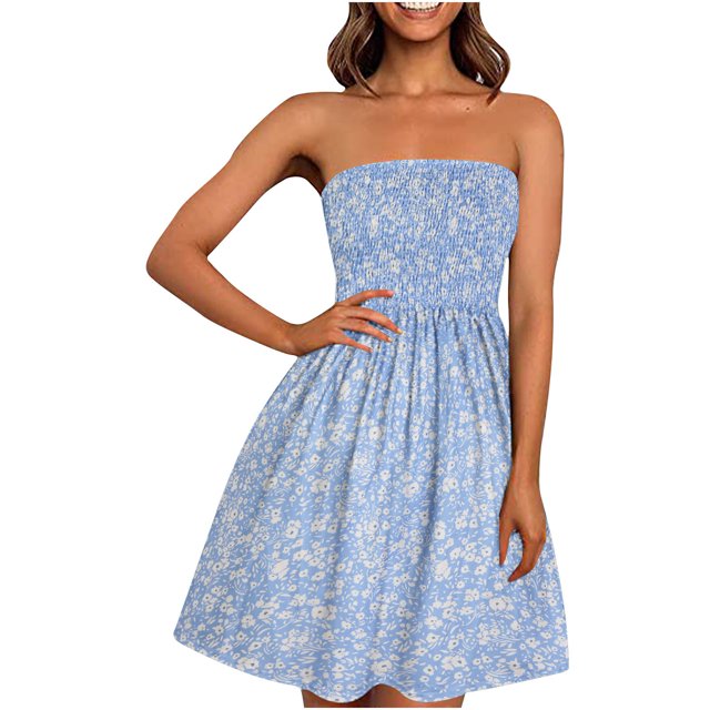 EQWLJWE Robes de Couverture Style Bohème pour Femmes Bande Élastique Sans Bretelles Robes Sans Manches Imprimé Floral Mini Robe