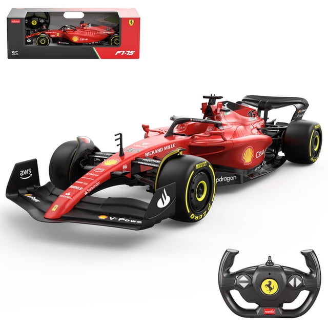 VOLTZ TOYS 1/12 Scale RC Car, a licensed Ferrari F1 75 remote control toy car featuring a detailed replica design with a streamlined body, high-gloss red paint, and official F1 branding. Includes 4-wheel independent suspension, shock absorption, and grip tires. The set comes with a Ferrari-branded remote control and is ideal for kids, collectors, and enthusiasts. Packaged in a branded box with the car and remote displayed.