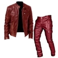thumbnail image 1 of Migroa Classic Vintage Motorcycle Jacket Set for Men | Leather Bomber & Pants | Windproof Fall/Winter Two-Piece Suit , Wine L, 1 of 2
