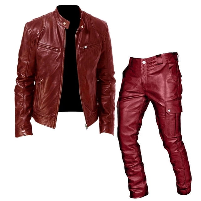 Migroa Classic Vintage Motorcycle Jacket Set for Men | Leather Bomber & Pants | Windproof Fall/Winter Two-Piece Suit , Wine L