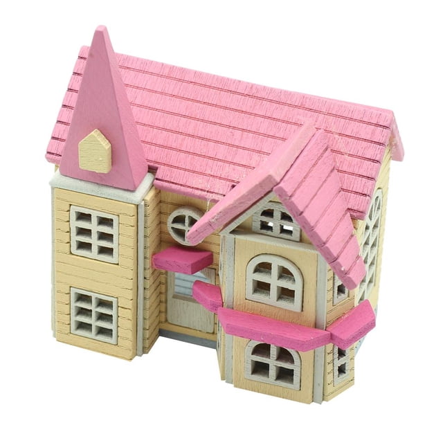 Modèle de Paysage Miniature à l'Échelle 1:12 Rose, une Maison de Poupée en Bois Faite à la Main avec un Savoir-Faire Détaillé, avec des Fenêtres Arquées, un Toit Rose et des Murs Beiges. Parfait pour des Projets de Maison de Poupée Miniature DIY, des Bricolages et des Objets de Collection. Mesure 6,5x3,5x7 cm, Idéal pour des Activités Créatives Ou pour Offrir aux Enfants et aux Adultes.