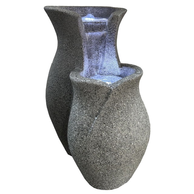 Angelo Décor 25-inch Boka Bowls Fountain featuring two textured gray stone bowls with illuminated cascading water.