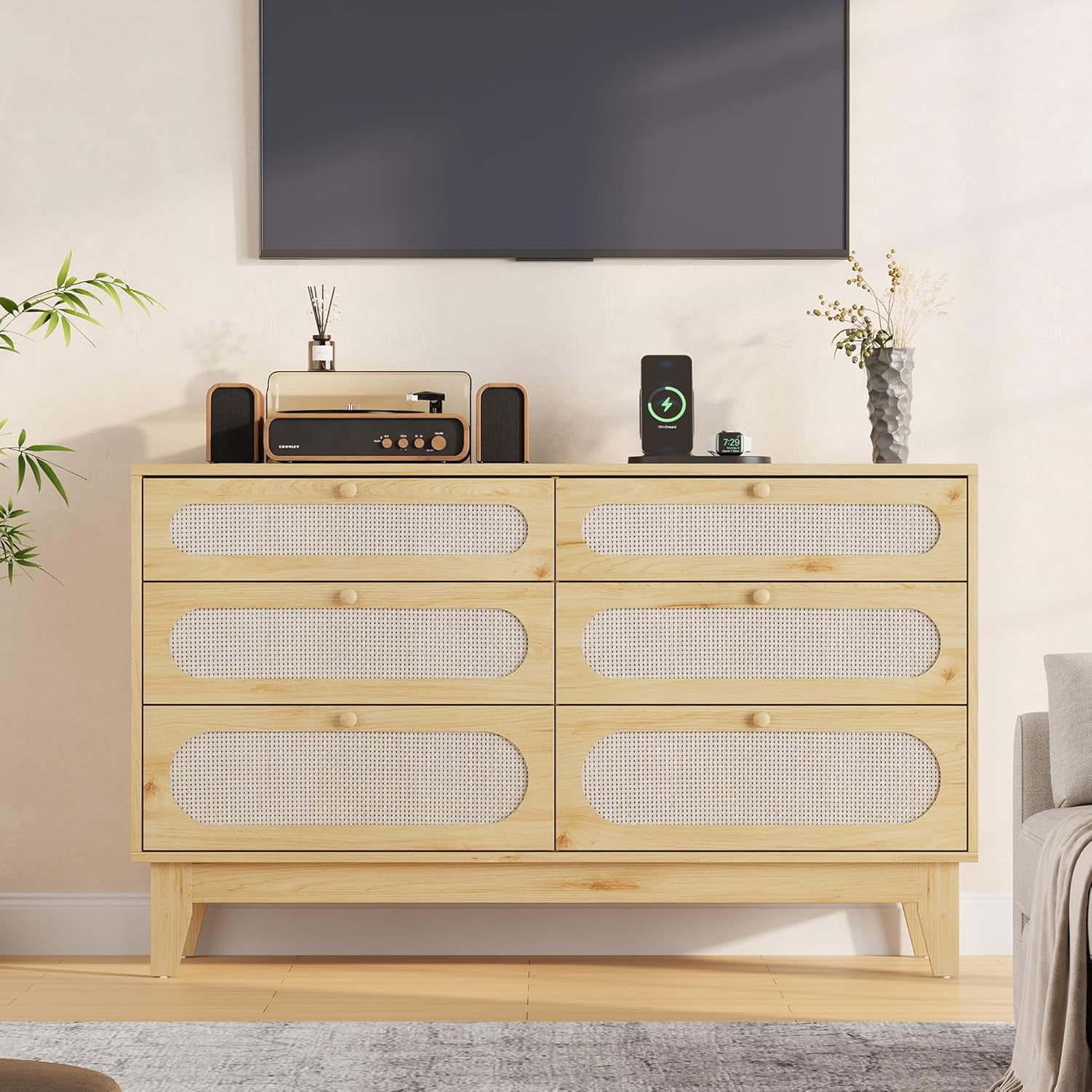 Rattan 6 Drawer Dresser, with USB Ports and Outlets, Chests of Drawers Storage for Bedroom, Rattan Storage Dresser for Living Room,Natural Oak