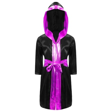 Moggemol Kids Boys Boxing Gown Robe Full Length Gown Satin Hooded Cloak with Belt Halloween Boxing Outfit Black&Hot Pink 14