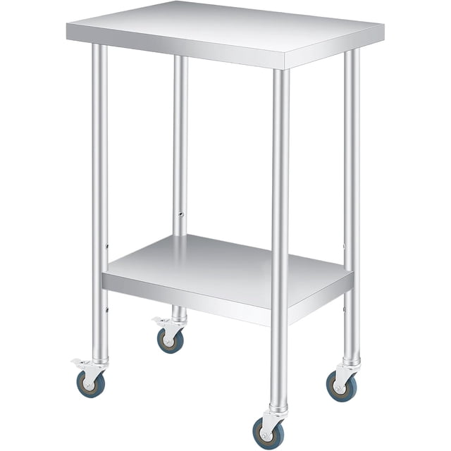 YUSAZENS Table de Rangement à Double Couche en Acier Inoxydable 201, Établi Mobile Chariot à Outils 12*24 Pouces+roues