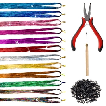 Hair Tinsel 37in 12 Colors Tinsel Hair Extensions Shiny Hair Tinsel Kit with Plier Pulling Needle 200Pcs Silicone Buckle
