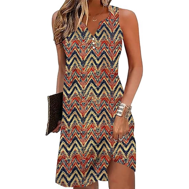 Lolmot Robe Décontractée pour Femmes, une Robe Sans Manches à Col en V avec un Motif zigzag Imprimé Rétro dans des Tons Rouge, Marine et beige. Conçue avec une Coupe Ample et Décontractée, Cette Robe Légère en polyester Tombe au-Dessus du Genou, la Rendant Idéale pour les occasions Décontractées, la Détente Ou les Rassemblements d'Été. Parfaite pour la Mode Féminine au Printemps et en Été.