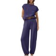 thumbnail image 1 of Timegard Ensembles Lounge pour Femmes, Hauts Courts à Manches Cap, Pantalons à Bas Resserré avec Poches, Tenues Amples de Couleur Unie, 1 of 4