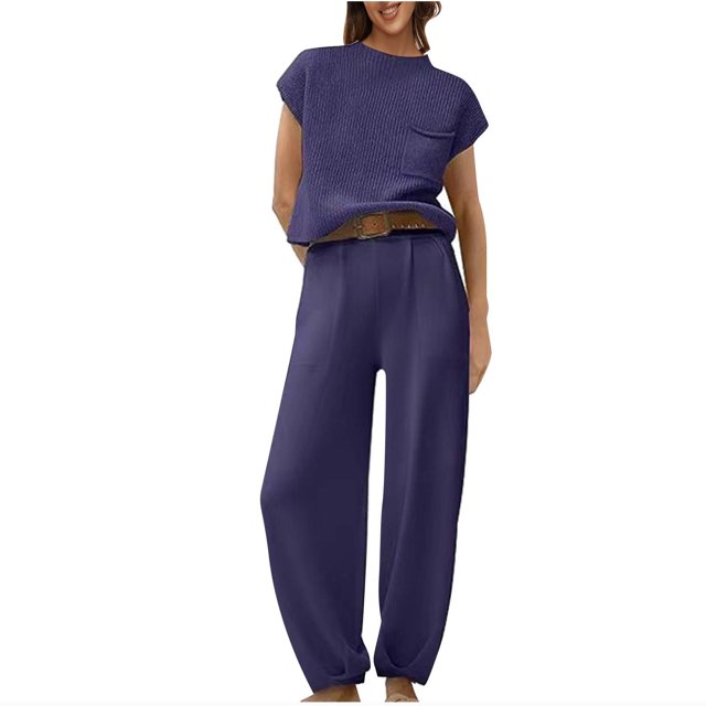 Timegard Ensembles Lounge pour Femmes, Hauts Courts à Manches Cap, Pantalons à Bas Resserré avec Poches, Tenues Amples de Couleur Unie