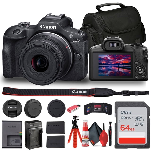 Canon EOS R100 Appareil Photo Sans Miroir avec Objectif 18-45mm Neuf (6052C012) + Sac + Carte 64 Go + Batterie LPE17 + Bien Plus (Modèle International)
