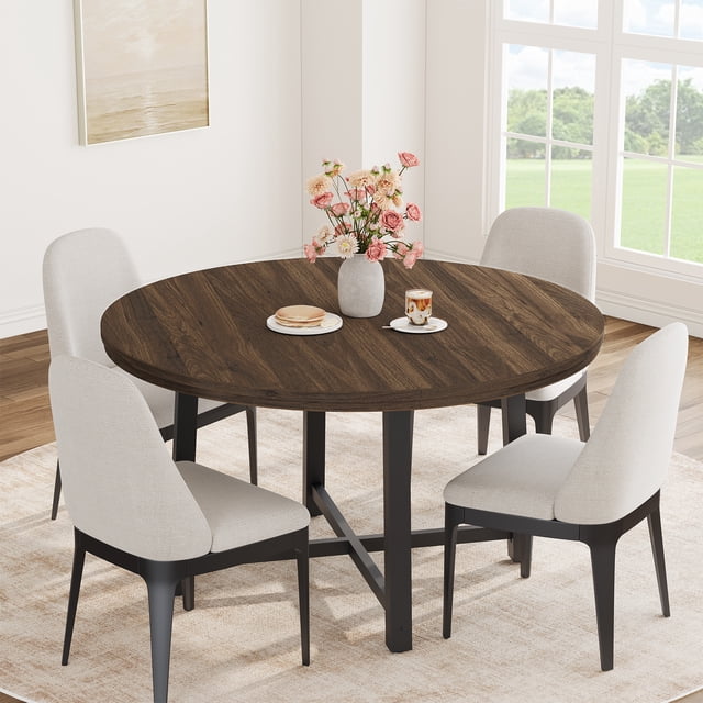 47 in Round Dining Table, Industrial Dinner Table for 4 to 6, Wooden Kitchen Table with Sturdy Metal Frame & Rustic Brown Finish, Circle Kitchen Table for Dining Room, Kitchen (No Chairs)
