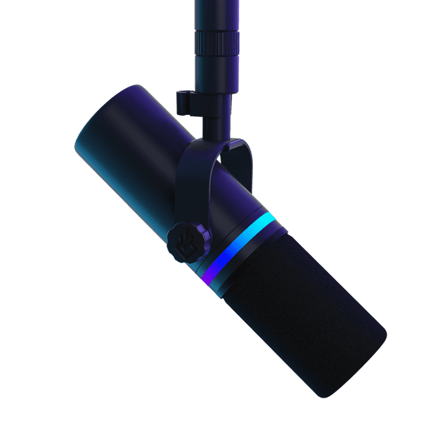 BEACN Micro - Micro Dynamique USB-C pour Diffusion pour Créateurs de Contenu Montré en Gros Plan. Ce microphone USB pour PC Présente un design Sombre et Élégant avec accents d'Éclairage RVB, un Pare-Brise en Mousse et un Support de Montage Ajustable. Parfait pour la Diffusion en Continu de Jeux, le Baladodiffusion et la Création de Contenu, Il Comprend un Égaliseur Intégré, une compression, un noise gate et un Débruitage en Temps Réel.