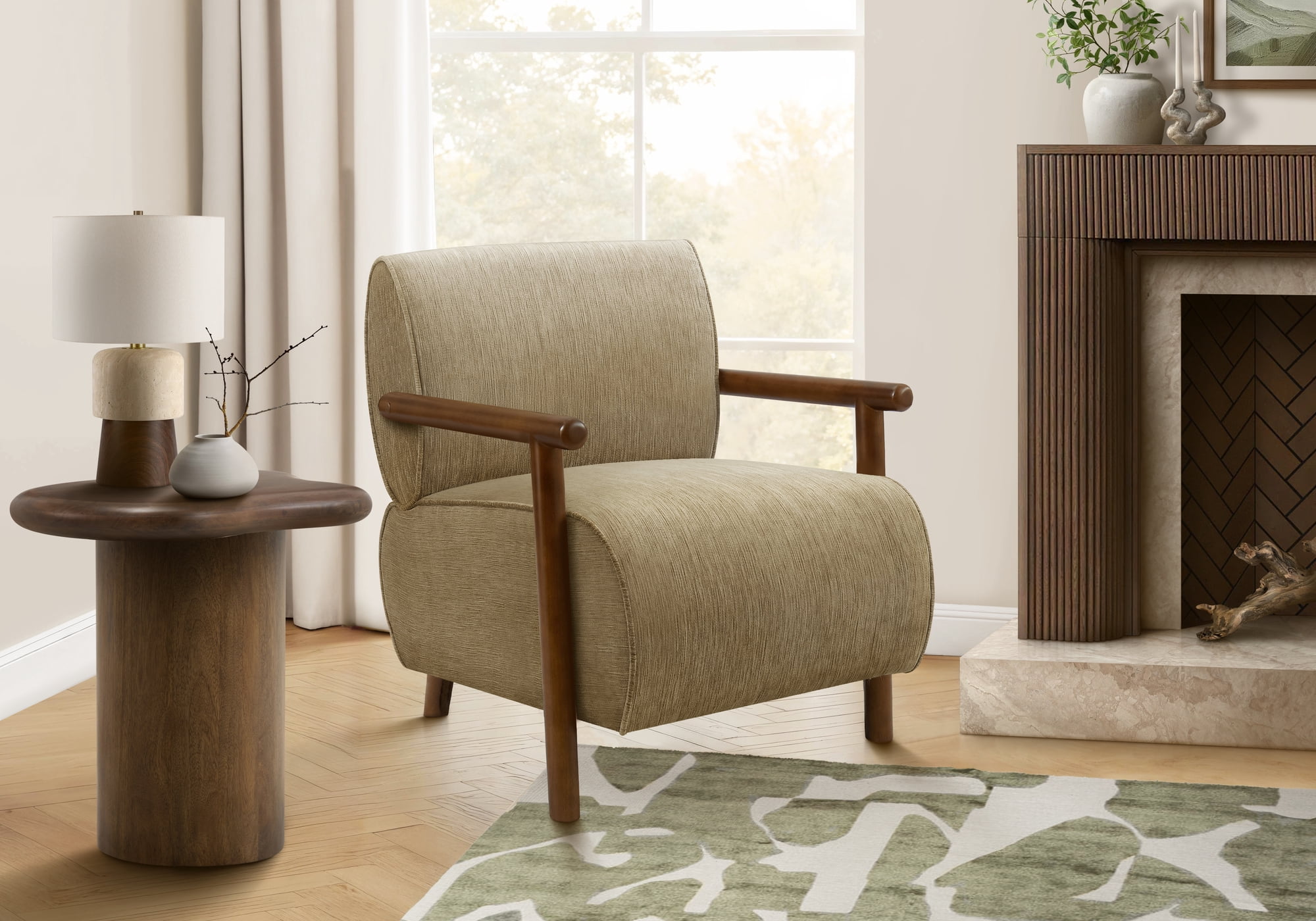 Monarch Specialties - Accent Chair, 31"H, Upholstered, Living Room, Bedroom, Light Brown Fabric, Brown Walnut Solid Wood, Modern, Mid Century