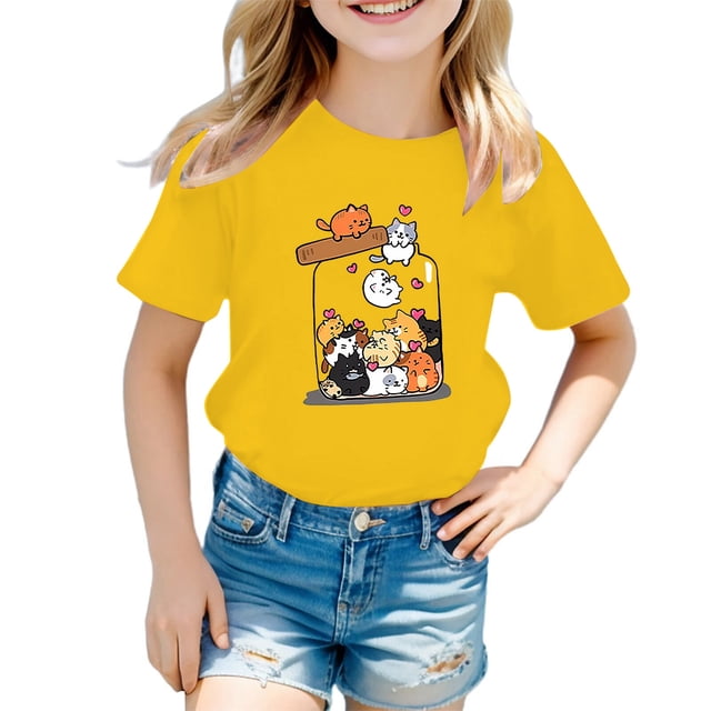 HNMKIU T-Shirt d'Été Décontracté pour Filles avec Imprimé Graphique Mignon, Col Rond, Manches Courtes, T-Shirt Confortable pour Enfants Jaune, 3-4 Ans