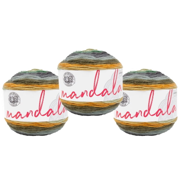 Lion Brand Yarn Mandala Multicolor Light DK Acrylic 3 Pack Yarn featuring three balls of variegated acrylic yarn in green, gray, mustard, and brown shades, each with a white label displaying red 'mandala' text and the Lion Brand logo, suitable for crocheting scarves, shawls, or hats.