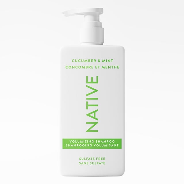Native Volumizing Shampoo, Cucumber & Mint, Sulfate & Paraben Free, 487mL front-facing bottle with white flip-top cap; labeled cucumber & mint scent, sulfate-, paraben-, silicone- and dye-free formula that provides weightless lift and volumizing cleansing. Often used as a refreshing body cleanser when travelling.