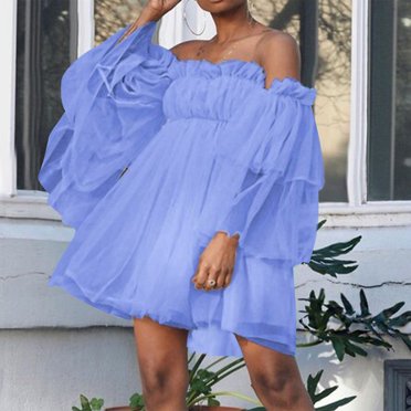 LOVZFMLL Fashion Women's Sexy Casual Off Shoulder Long Sleeve Solid Dress Dresses Blue 2XL