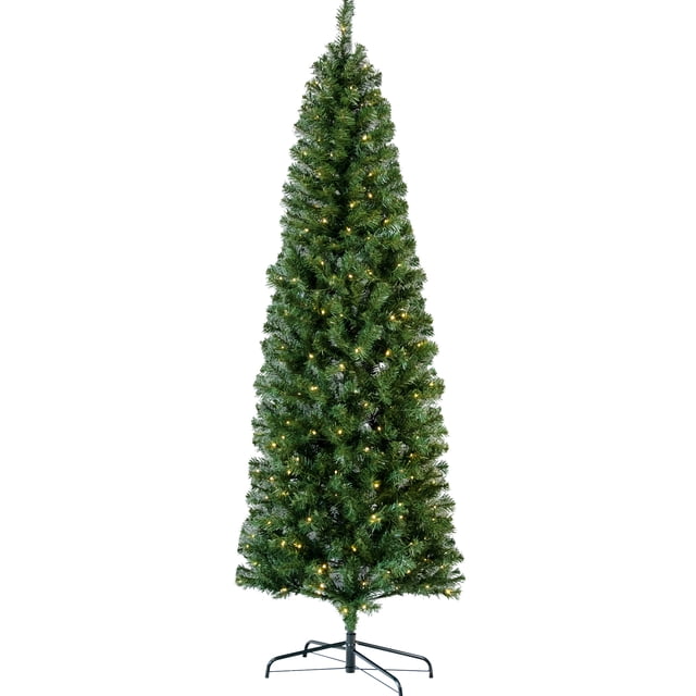 6.5FT Pre-Lit Pencil Christmas Tree, Artificial Christmas Trees 250 LED Lights with 8 Modes, Slim Christmas Decorations with 586 Branch Tips & Metal Stand for Holiday Home Decor