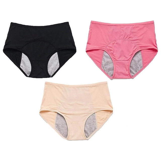 Women's 3PC Solid Mesh High Waist Leak Proof Menstrual Pants Set - Nylon Spandex, Multipack for Period Protection