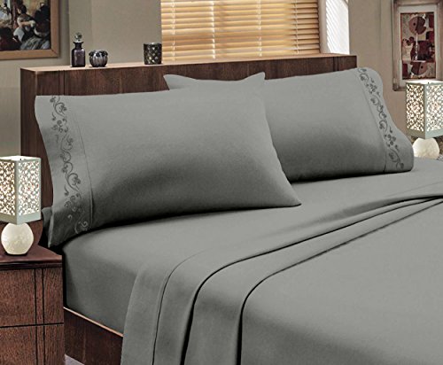 Italian Design 1800 Series Egyptian Comfort Super Soft Embroidery 4 Piece Sheet Set (Queen, Gray)