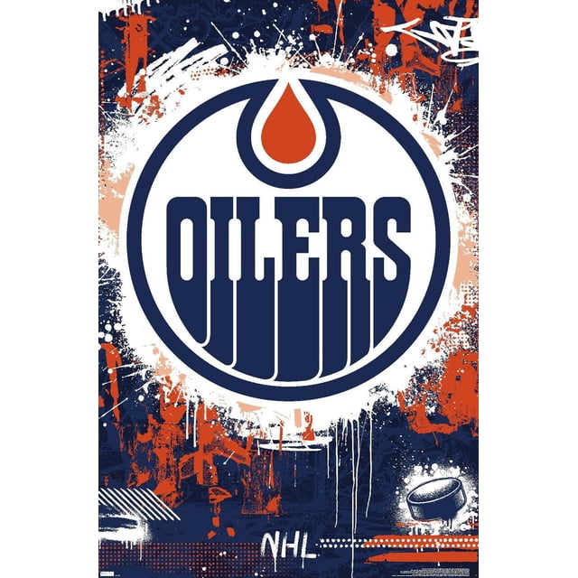 NHL Edmonton Oilers - Maximalist Logo 23 Wall Poster featuring a centered Edmonton Oilers logo with a navy blue circle and an orange oil drop above the word 'OILERS' in tall navy letters, set against a graffiti-style background with white, orange, and navy paint splatters, including a small hockey puck and 'NHL' text near the bottom, printed on glossy paper measuring 22.375 by 34 inches, ideal for decorating bedrooms, offices, or dorm rooms.