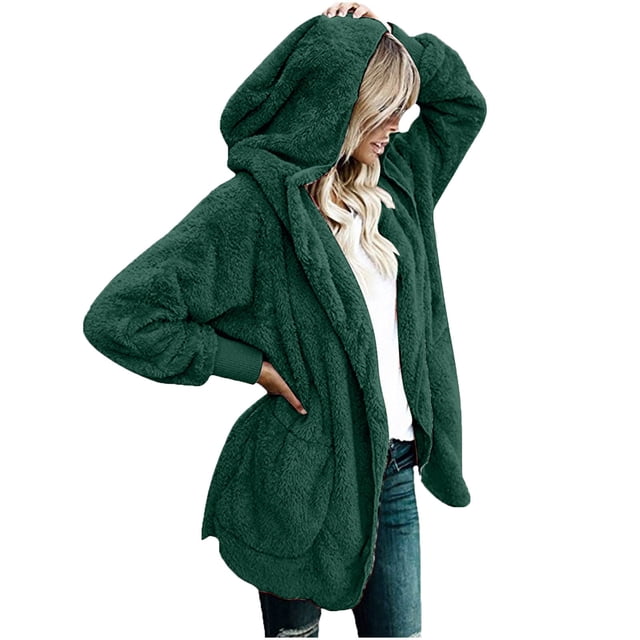 KIHOUT Spring Winter Warm Coat Women's Oversized Open Front Hooded Draped Pockets Cardigan Coat,Size S-2XL