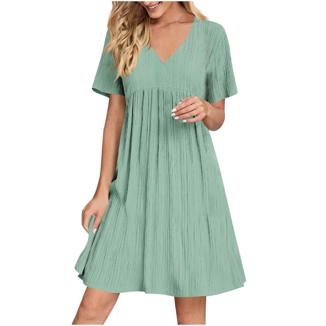 LOVZFMLL Robes d'Été pour Femmes Décontractées à Manches Courtes Col en V Robe de Plage Fluide à Volants Longueur Genou Vert Menthe TG