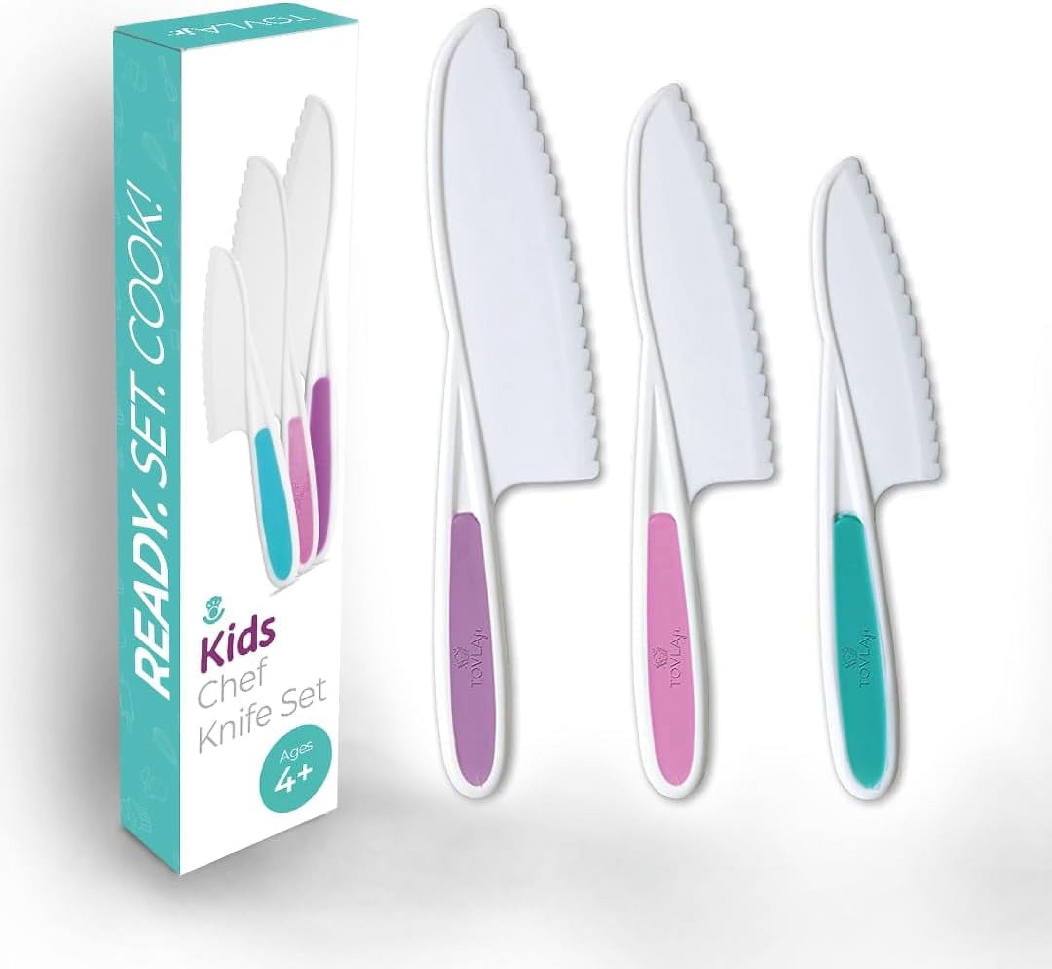 Tovla Knives for Kids 3-Piece Nylon Kitchen Knife Set: Children's Cooking Knives in 3 Sizes & Colors/Firm Grip Serrated Edges BPA-Free Kids' Knives/Safe Lettuce and Salad Knives