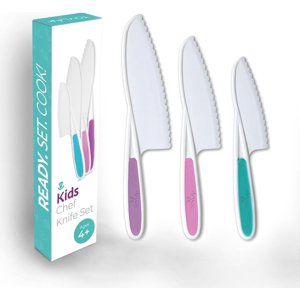 Tovla Knives for Kids 3-Piece Nylon Kitchen Knife Set: Children's Cooking Knives in 3 Sizes & Colors/Firm Grip Serrated Edges BPA-Free Kids' Knives/Safe Lettuce and Salad Knives