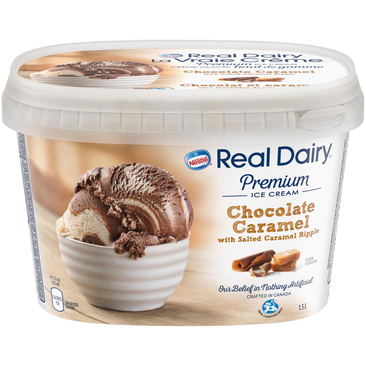 REAL DAIRY® Chocolat Caramel Bac de Crème Glacée de Qualité Supérieure 1,5 L