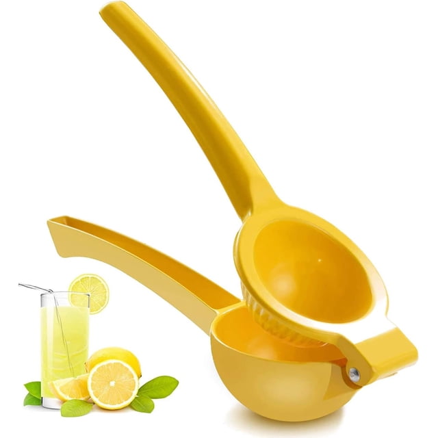 Lemon Squeezer, Effortlessly Squeezing Citrus Juicer in yellow, featuring a manual press design for maximum juice extraction. The compact and foldable design is ideal for home kitchens, with a durable hinge mechanism for efficient use. Includes a dishwasher-safe construction for easy cleaning. A glass of fresh lemonade and sliced lemons are shown alongside.