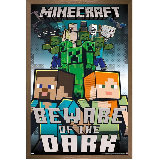 Minecraft - Beware Of The Dark Wall Poster with Magnetic Frame, 22.375" x 34" featuring pixelated characters Steve and Alex in front with Creepers, zombies, and hostile mobs behind them on a dark gradient background, the Minecraft logo at the top, and bold 'Beware of the Dark' text at the bottom, framed in a wooden magnetic frame ideal for home décor and gaming rooms.