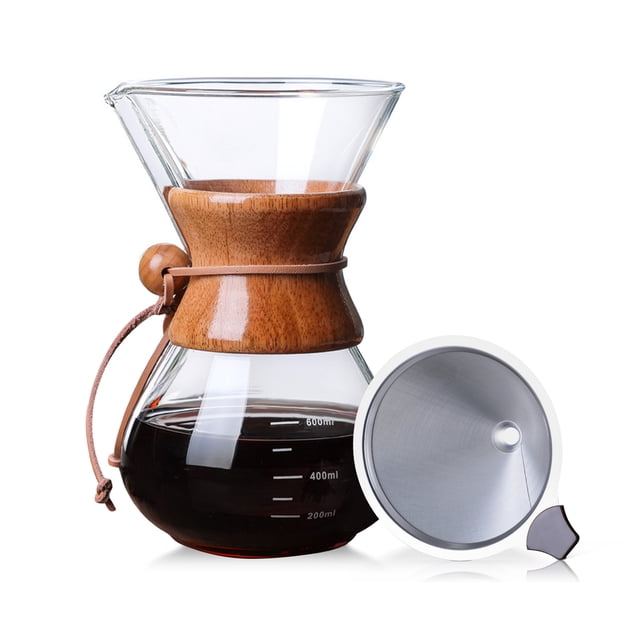 Pour Over Coffee Maker 20oz Paperless Glass Carafe with Stainless Steel Filter Reusable Glass Coffee