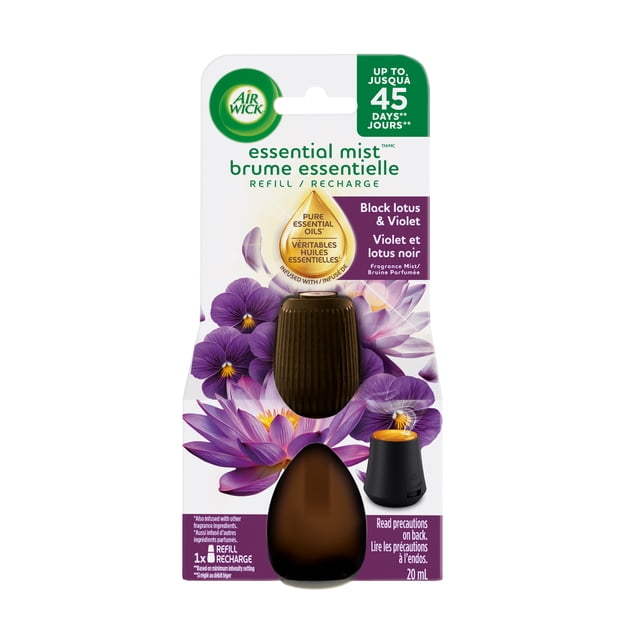 Air Wick Essential Mist Recharge – Désodorisant infusé d’huiles essentielles, recharge facile à remplacer pour diffuseur sans fil – 1 unité – parfum Lotus noir et Violette.